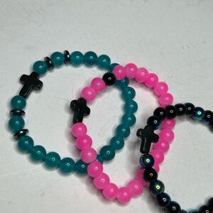 Pink Jade & Blue Agate Cross Bracelet Set